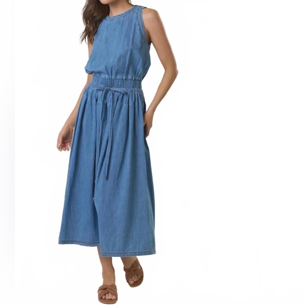 NEW Lalavon Everyday Denim Midi Dress In Blue Size Small Zipper Drawstring Waist